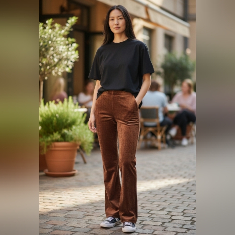 D&CO Brown Velvet Pull On Straight Leg Pants Ladies XS Mocha Winter Fall Forrest